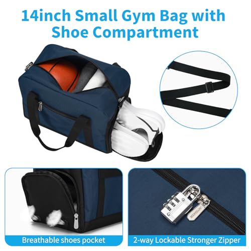 Apenze Small Gym Bag 14 inch lightweight Carry On Mini Duffel Bag with Shoe Compartment for Travel Sport - Navy Blue - color: Navy Blue