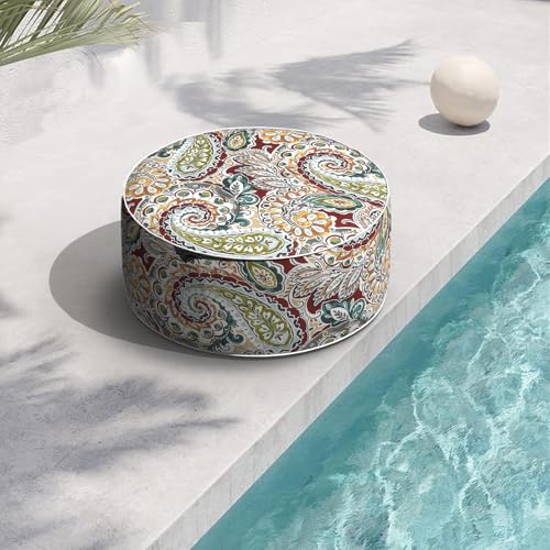Indoor/Outdoor Inflatable Ottoman with Handle, Decorative Fade-Resistant Round Footstool D21 x H9 inch, Portable Ottoman Pouf for Patio Garden Camping, Paisley Chilli - color: Paisley Chilli, size: 21"D x 21"W x 9"H