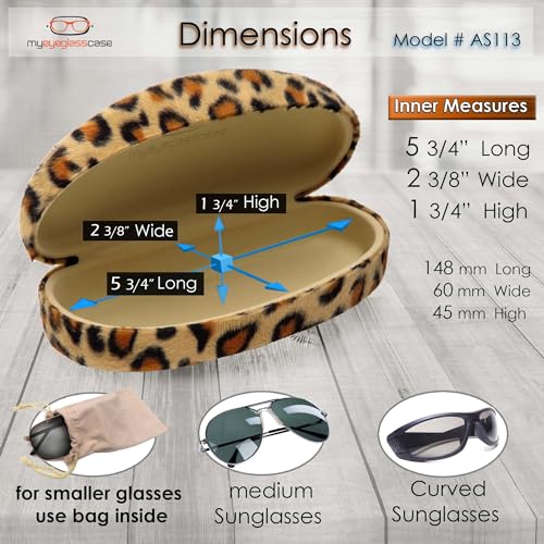 MyEyeglassCase Hard Sunglasses case - Women Glasses Case Holder - Large Durable Eyeglass Case Hard Shell with Pouch & Cloth - color: Leopard Animal Print
