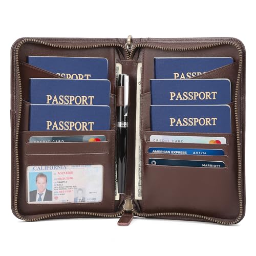 Polare Full Grain Leather Passport Holder Cover Case for Men and Women RFID Blocking Family Travel Wallet Holds 6 Passports - color: Coffee