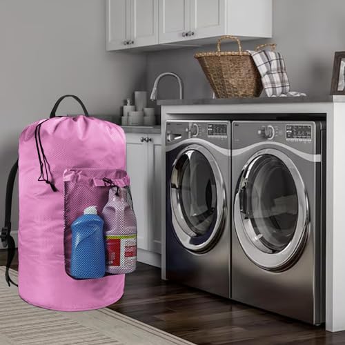 Laundry Bag with Shoulder Straps and Mesh Pocket Laundry Backpack Large Portable Laundry Hamper for College Laundromat Apartment - color: Pink