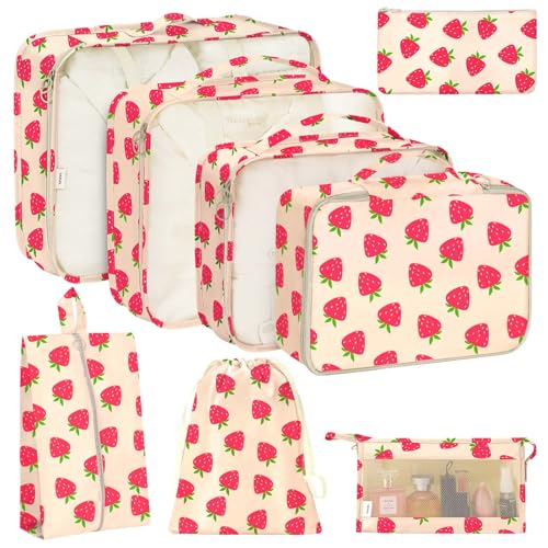 KPX 8 Set Packing Cubes for Travel, Luggage Packing Organizers Accessories Large Toiletries Bag for Clothes Shoes Cosmetics (Strawberry) - color: 8Set-Strawberry