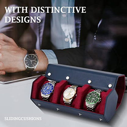 ROSELLE Luxury Leather Watch Roll Travel Case for Men and Women,Travel Watch Case Holds 3 Watches Storage & Display,Designed for steel watch bands &leather metal rubber and bracelets - color: Dark Blue/Red-3