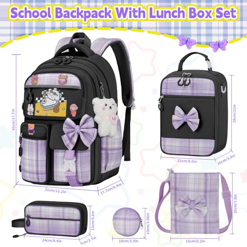 Girls Backpack with Lunch Box Set, 5pc Black Cute Kawaii Bookbag for Teens, Aesthetic School Backpack for Elementary - color: Black