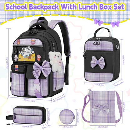 Girls Backpack with Lunch Box Set, 5pc Black Cute Kawaii Bookbag for Teens, Aesthetic School Backpack for Elementary - color: Black