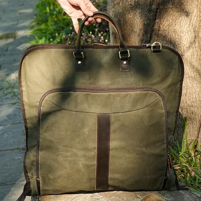 Polare Waxed Canvas Full Grain Leather Trim Garment Carry On Bag for Travel, Foldable Hanging Suitcase Weekender Dust-Proof Garment Waterproof Cover with YKK Zipper and Adjustable Strap (Army Green) - color: Army Green