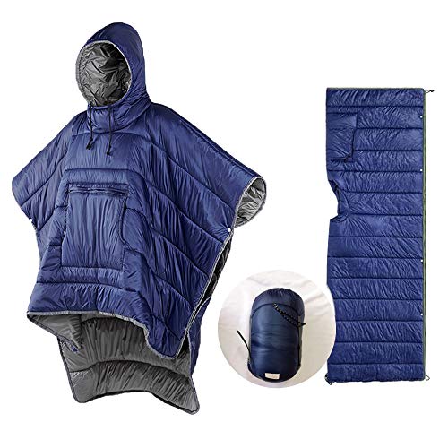Camp Poncho Sleeping Bag Wearable Hooded Blanket - Envelope Lightweight Thermal Cloak Cape Windproof with Premium Stuff Compression Sack for Backpacking Hiking Hunting Fishing Outdoor Sport - color: Blue
