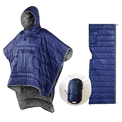 Camp Poncho Sleeping Bag Wearable Hooded Blanket - Envelope Lightweight Thermal Cloak Cape Windproof with Premium Stuff Compression Sack for Backpacking Hiking Hunting Fishing Outdoor Sport - color: Blue