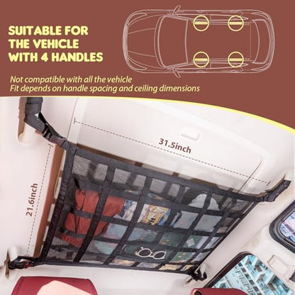 Upgrade Car Ceiling Cargo Net Pocket,31.5"x21.6" Double-Layer Roof Storage Organizer,Overhead Net for SUV & Van Camping,Travel Road Trips,Van Life Essentials,Fit 4 Handle Vehicles - size: 31.5 x 21.6 inches