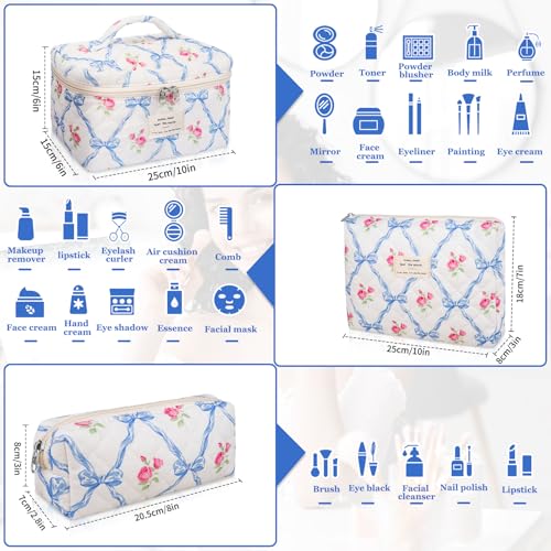 Gosect Makeup Bag Set, Quilted Makeup Bag, Large Floral Cosmetic Bag for Women, Cute Cotton Makeup Bags, Flower Travel Toiletry Organizer Bag (Blue Flower) - color: Blue Flower