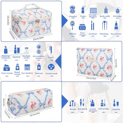 Gosect Makeup Bag Set, Quilted Makeup Bag, Large Floral Cosmetic Bag for Women, Cute Cotton Makeup Bags, Flower Travel Toiletry Organizer Bag (Blue Flower) - color: Blue Flower