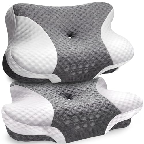 Cervical Neck Pillows for Side Sleeper - 2 Pack Neck Pillows for Pain Relief Contour Memory Foam Pillows Ergonomic Neck Support - Adjustable Orthopedic Bed Pillows for Sleeping - color: 2 Pack Grey White, size: Standard