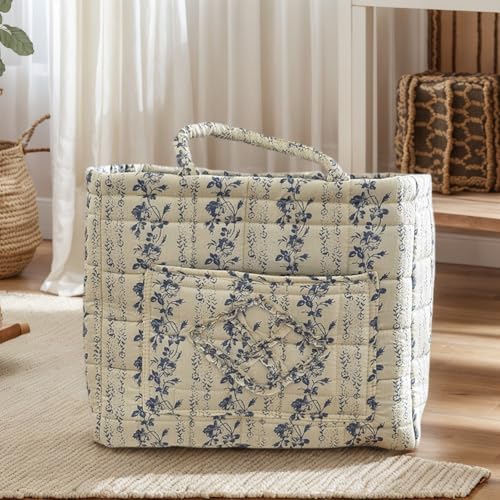Foldable Laundry Basket Boho Bear Storage Basket Floral Quilted Fabric Car Storage Basket Handles Large Laundry Baskets for Clothes and Dolls - color: Lace Blue