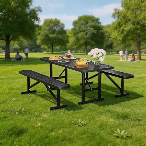 6FT Outdoor Metal Picnic Table with 2 Benches,Heavy Duty Rectangular Picnic Table Set for Outside, Waterproof Commercial Restaurant Table Furniture for Park, Campfield, Patio, Garden, Yard - color: Set B-black, size: 6FT