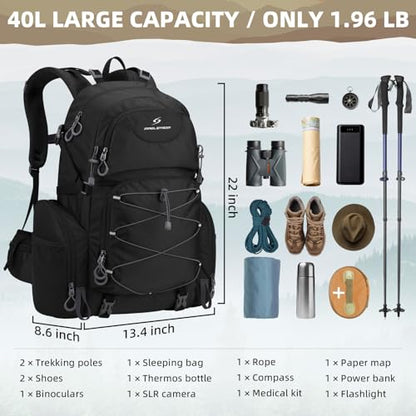 Maelstrom Hiking Backpack, 40L Waterproof Camping Daypack for Men and Women, Lightweight Travel Pack with Rain Cover (Black) - color: Black