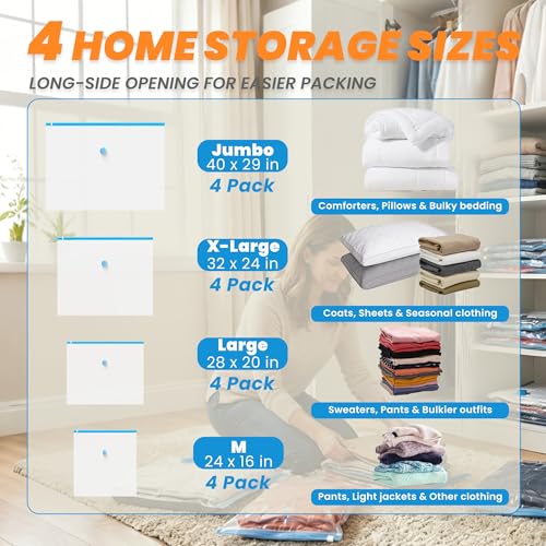 Vacuum Storage Bags with Rechargeable Cordless Pump, 16-Pack Space Saver Bags for Blankets, Clothes & Bedding, Reusable Compression Bags in 4 Large Sizes (M–Jumbo), Long-Side Opening - size: 16-Piece Home Storage Set