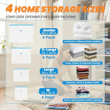 Vacuum Storage Bags with Rechargeable Cordless Pump, 16-Pack Space Saver Bags for Blankets, Clothes & Bedding, Reusable Compression Bags in 4 Large Sizes (M–Jumbo), Long-Side Opening - size: 16-Piece Home Storage Set