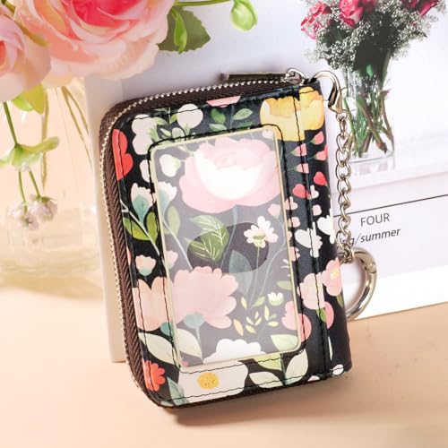 FurArt Zipper Wallet Women, RFID Blocking Credit Card Wallet, Business Card Holder, Compact Size KeyChain Wallet - color: Artistic Flower