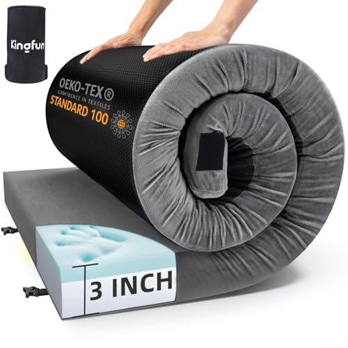 Kingfun 3 Inch CertiPUR-US Memory Foam Camping Mattress Pad, Waterproof Roll up Sleeping Pad, Thick Floor Sleeping Mats for Tent with Removable Travel Bag - color: Gray, size: Cot 75" X 25" X 3 inch