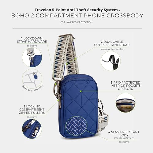 Travelon Anti-Theft Boho 2 Compartment Phone Crossbody - color: Lush Blue