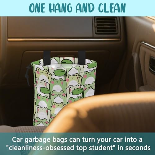 Car Garbage Bag Cute Cartoon Frogs Drawstring Car Trash Bag Hanging for Back Seat with Adjustable Buckle Canvas Vehicle Trash Can Easy-to-Install - color: Cute Cartoon Frogs