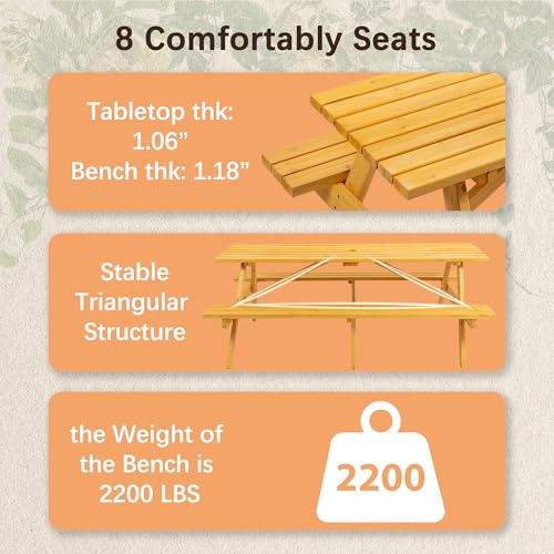 8 Person Rectangular Wooden Picnic Table, Outdoor Camping Dining Table with 2 Seats, Garden, DIY with 2 Built-in Benches, 2220lb Capacity, Natural - color: Natural-8-rectangular