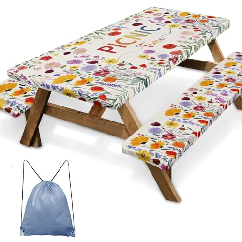 Picnic Table Cover with Bench Covers Elastic Edges, Wildflower Boho Camper Fitted Table Cover, Outdoor Camping Essentials 72 Inch 3PCS, Waterproof Camping Fitted Tablecloth with Drawstring Bag - color: Wildflower Boho, size: 72in