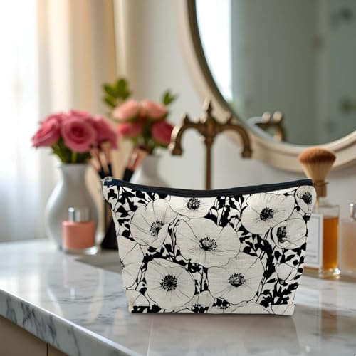 Black and White Poppy Floral Makeup Cosmetic Bag for Women, Modern Botanical Flower Aesthetic Portable Travel Toiletry Bag Zipper Makeup Pouch - color: Flower three