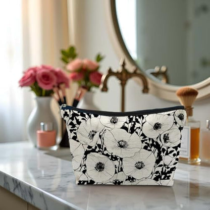 Black and White Poppy Floral Makeup Cosmetic Bag for Women, Modern Botanical Flower Aesthetic Portable Travel Toiletry Bag Zipper Makeup Pouch - color: Flower three