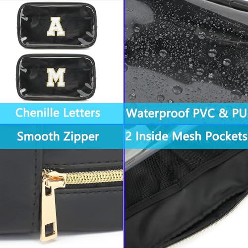 Fammart Clear Makeup Bag with 2 Customizable Chenille Letters - Waterproof PU Leather Cosmetic Case, Large Personalized Toiletry Pouch for Women & Teens, Ideal for Travel & Gift - color: Clear, Large - Black