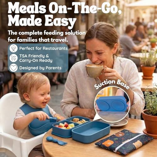 Baby Travel Essentials 6 Pc Silicone Feeding Set - Portable Toddler Plates with Suction, Baby Spoons & Foldable Bib in Carrying Case - BPA-Free Infant & Toddler Utensils for Airplanes & Eating Out - color: Dark Blue