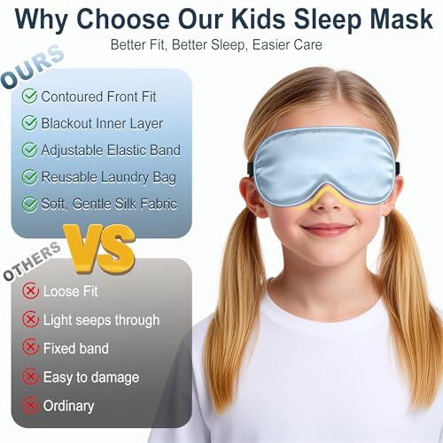 Kids Sleep Mask, Kids Eye Mask for Boys Girls, Kid Silk Eye Masks with Adjustable Strap for Sleeping, 100% Light-Blocking Sleep Eye Cover, Includes Protective Laundry Bag (Blue) - color: Blue