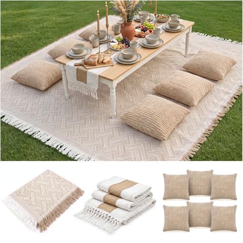Extra Large Outdoor Boho Picnic Blanket with Low Table Runner and 6 Throw Pillows Covers Set for Beach Essentials Beach Accessories Garden Party Decoration Patio Park Lawn Grass Ground Festival Mat XL - color: Brown