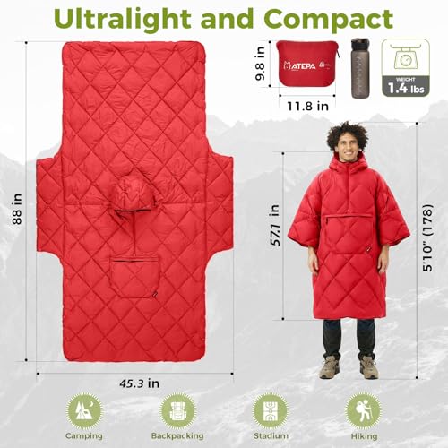 ATEPA Wearable Sleeping Bag Blanket Poncho, Recycled Water-Resistant Camping Poncho, Stadium Blanket for Outdoor Sports - color: Red