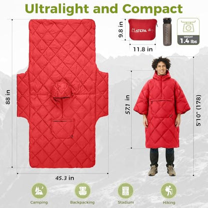 ATEPA Wearable Sleeping Bag Blanket Poncho, Recycled Water-Resistant Camping Poncho, Stadium Blanket for Outdoor Sports - color: Red