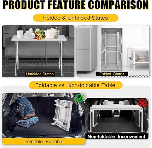 GlowSol Folding Stainless Steel Table 48 x 30 Inch, Heavy Duty Metal Foldable Prep/Work Table, 1100 LB Load Capacity, No Assembly, Portable Workbench for Kitchen, Laundry, Restaurant, Camping, Garage - size: 48x30 in