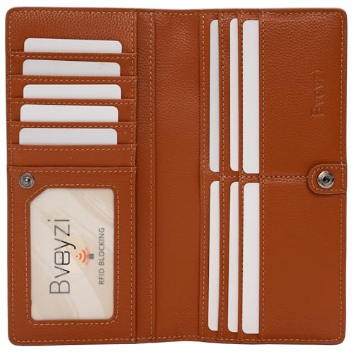 Bveyzi Ultra Slim Thin Leather RFID Blocking Credit Card Holder Bifold Clutch Wallets for Women - color: Brown