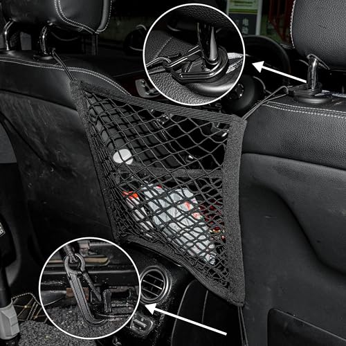 3-Layer Car Mesh Organizer Storage Bag Between Front Seats Kid Dog Pet Net Barrier Car Net Pocket Elastic Tissue Purse Holder Netting Pouch for SUV, Truck, Van 15.7" x 13.7" - size: 15.7 x 13.7 inch