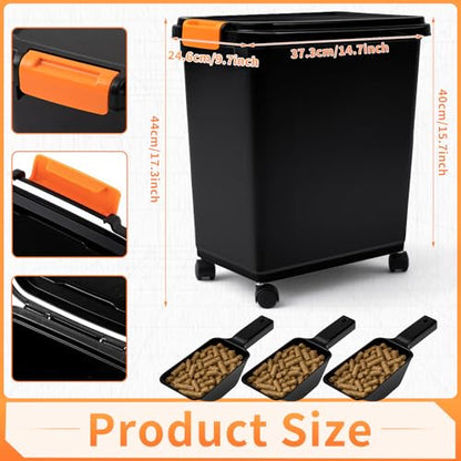 Maxdot 3 Sets 22lb Dry Pellet Storage Bin Kit with wheels, Scoops and Labels Grill Accessories Wood Pellet Storage Containers with Flavor Stickers Airtight for Grill Pellets