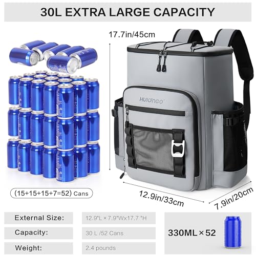 Hulongo Cooler Backpack, 30L Insulated Leakproof Soft Cooler Bag for 52 Cans, Lightweight Backpack for Beach, Picnic, Camping, Hiking, Fishing and Travel - color: Grey