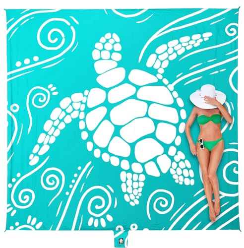 WEKAPO Beach Blanket Waterproof Sandproof Oversized Extra Large Sand Free Beach Mat with Stakes, Storage Bag - Essentials for Outdoor Beach, Picnic (Gradient Teal Sea Turtle, 11 X 9 FT (1~10 Person)) - color: Gradient Teal Sea Turtle, size: 11 X 9 FT (1~1