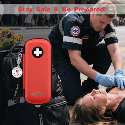 MEDMAX Epipen Carrying Case with Medical Alert Tag, Hard Shell Shock Absorption Travel Medication Organizer Bag Emergency Medical Pouch Holds 2 EpiPens, Asthma Inhaler, Auvi-Q, Allergy Essentials, Red