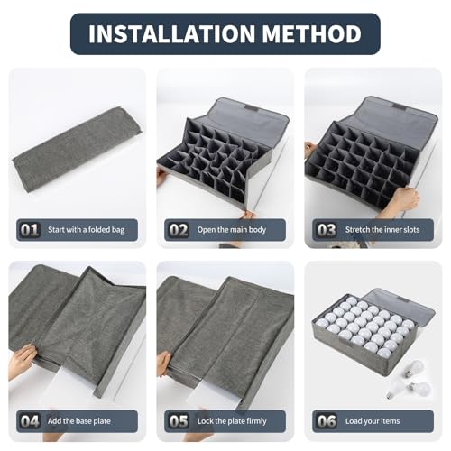 Light Bulb Organizer Storage Box with Lid, Foldable Dustproof Storage Container with 30 Dividers Sturdy PP Board Fits Various Standard Bulbs Fabric Case for Home, Grey, 17 x 11.42 x 5.13 Inches
