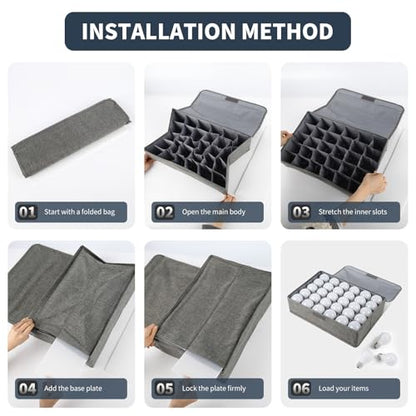 Light Bulb Organizer Storage Box with Lid, Foldable Dustproof Storage Container with 30 Dividers Sturdy PP Board Fits Various Standard Bulbs Fabric Case for Home, Grey, 17 x 11.42 x 5.13 Inches