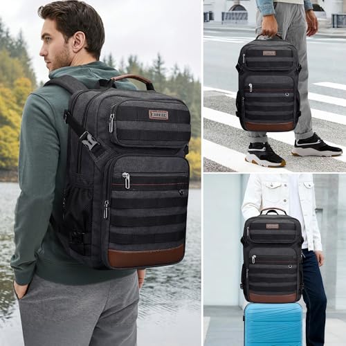 WITZMAN Canvas Travel Backpack for Men Multiple Pockets Fit 16 inch Laptop Backpack Carry-on Airline Approved(A8025 Black) - color: Black