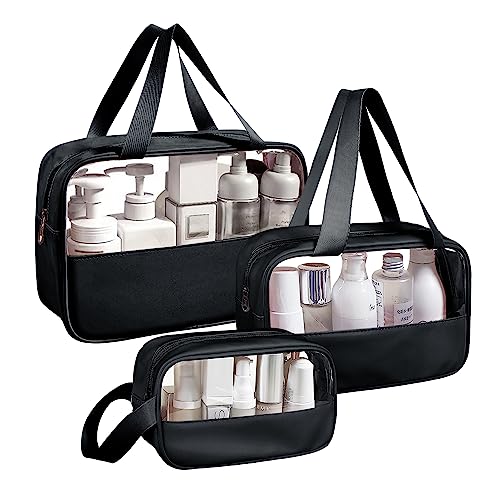 Clear Makeup Bag, 3 Pcs of Cosmetic Bags Set, Transparent PVC Travel Makeup Pouch, Waterproof Cute Toiletry Bag for Women (Black) - color: Z-Black-3pcs, style: 3pcs