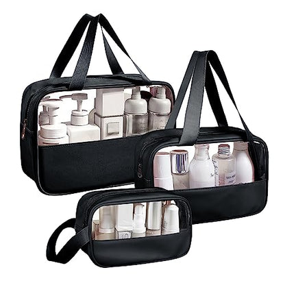 Clear Makeup Bag, 3 Pcs of Cosmetic Bags Set, Transparent PVC Travel Makeup Pouch, Waterproof Cute Toiletry Bag for Women (Black) - color: Z-Black-3pcs, style: 3pcs