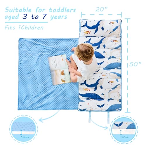 Lasoftan Toddler Nap Mat with Pillow and Blanket, Extra Large Rolled Napping Mats,Slumber Bags for Boys Girls,Kids Sleeping Bag for Daycare, Preschool Travel Camping - color: Ocean Whale