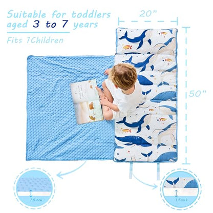 Lasoftan Toddler Nap Mat with Pillow and Blanket, Extra Large Rolled Napping Mats,Slumber Bags for Boys Girls,Kids Sleeping Bag for Daycare, Preschool Travel Camping - color: Ocean Whale