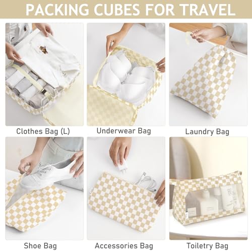 8 Set Packing Cubes for Travel, Luggage Packing Organizers Accessories Large Toiletries Bag for Clothes Shoes Cosmetics (Khaki Checkered) - color: 8Set-Khaki Checkered